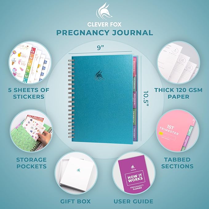 Clever Fox Pregnancy Journal & Memory Book - Pregnancy Planner & Notebook for Expecting Moms – Baby Keepsake, First Time Moms Gift (Aquamarine, 9" x 10.5")
