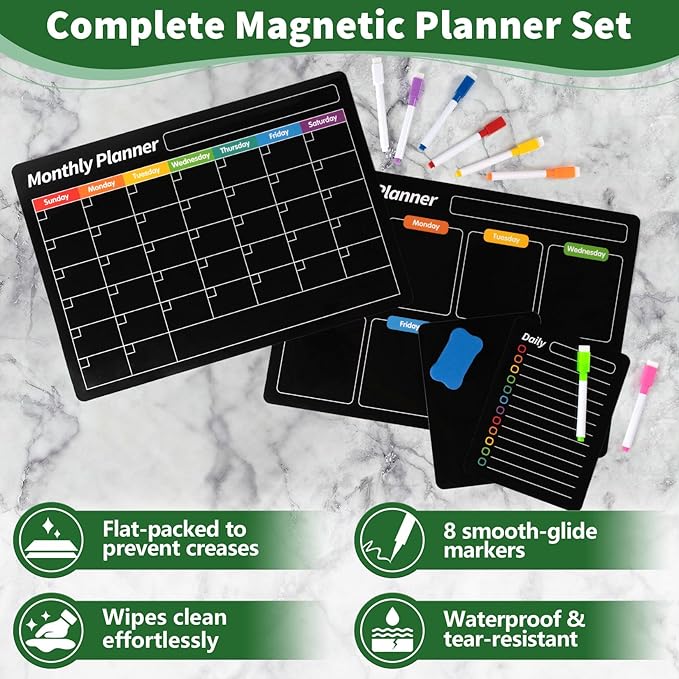 FINDMAG 4 Pack Magnetic Dry Erase Board Set, 16.5"x11.8" Magnetic Calendar for Refrigerator, Fridge Calendar Magnet, Black Weekly Planner Whiteboard for Fridge, Easy to Use with 8 Markers & Eraser