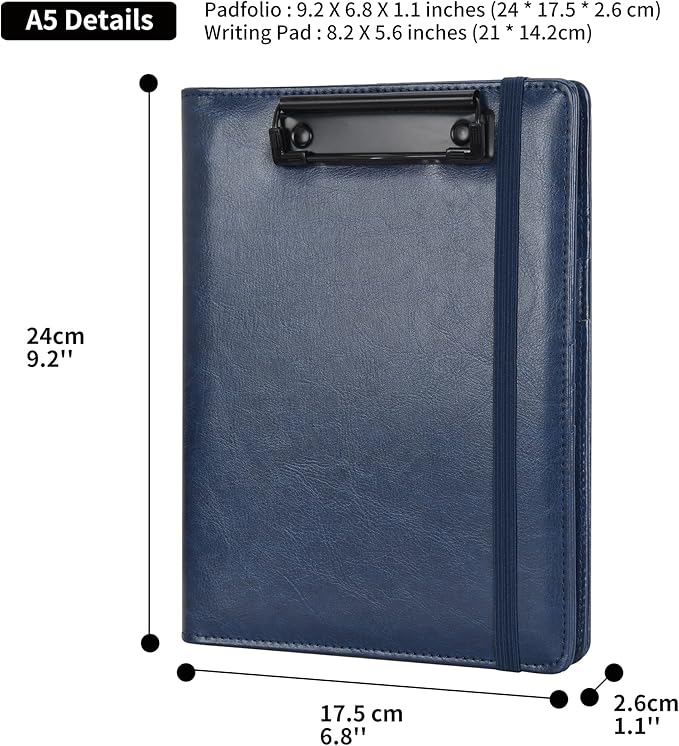 Wonderpool A5 PU Leather Clipboard Partfolio Recipe Binder Notepad Forms Holders Document Case - Interview Planner Meeting Writing Padfolio File for Office Travel School Hotel Restaurant (A5,Blue)