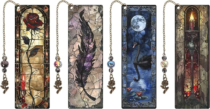 Dark Romance Bookmark Gifts - 4 Pcs Gothic Stained Glass Bookmarks for Women Book Lovers Rose Tassels Beaded Page Marks Reading Accessories Bookish Gift for Birthday Back to School Halloween