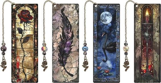 Dark Romance Bookmark Gifts - 4 Pcs Gothic Stained Glass Bookmarks for Women Book Lovers Rose Tassels Beaded Page Marks Reading Accessories Bookish Gift for Birthday Back to School Halloween