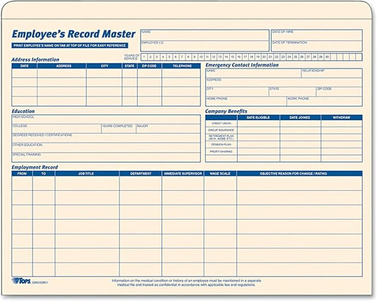 TOPS Employee Record Master File Jacket, 1-1/4 Inch Expandable, 11.75 x 9.5 Inches, Manila, 15-Pack (32801)