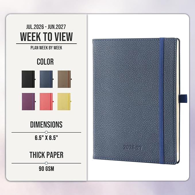 Weekly Planner 2026-2027 A5 (6.5" x 8.5") 12 Months (Jul'26 - Jun'27) Weekly & Monthly Planner with Month Tabs & Inner Pocket, Expenses/Note Pages, PU Leather Blue