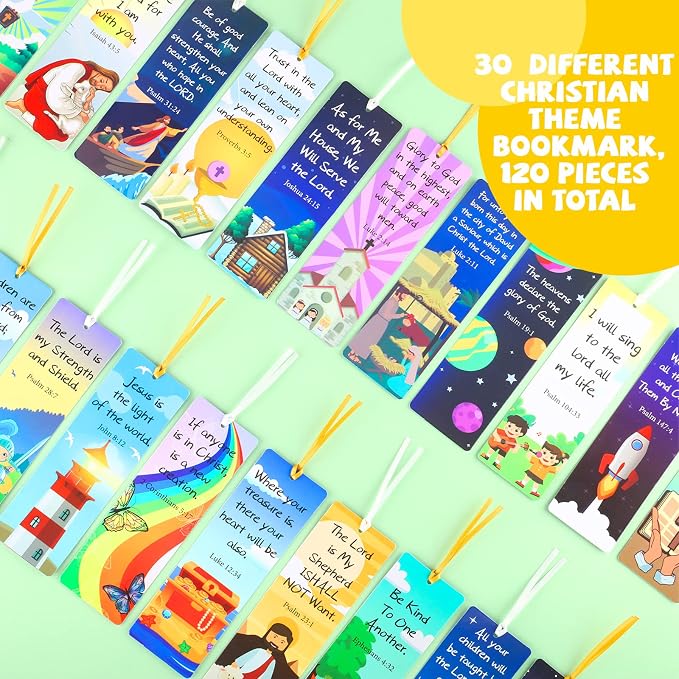 Chinco 120 Pack Christian Bookmarks for Kids Bible Verse Bookmarks with Ribbon Scripture Inspirational Quotes School Gifts Church Supplies for Kids Teens Adult Teachers