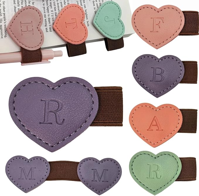 Personalized Magnetic Leather Heart Bookmark with Pen Holder - 26 Letters Custom Book Mark Notebook Pencil Loop with Initial Book Marker for Readers, Book Lovers- Gifts for Women Men(Purple,R)