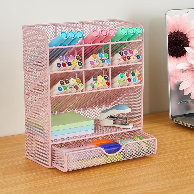Spacrea Pen Holder Desk Organizer - Desk Organizers and Accessories, Pencil Holder with 10 Compartments and 1 Drawer（Pink）