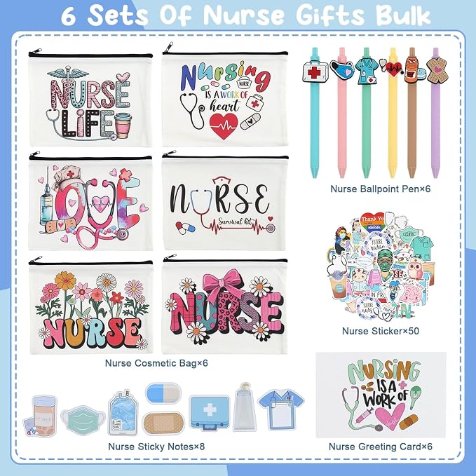 6 Pack Nurse Appreciation Gifts Bulk 2026, Nurses Week Gifts Bulk with Makeup Bag Pen Stickers Sticky Notes, Nurse Essentials Kit for Women RN CNA, School Nurses Graduation Gifts, Hospital Staff