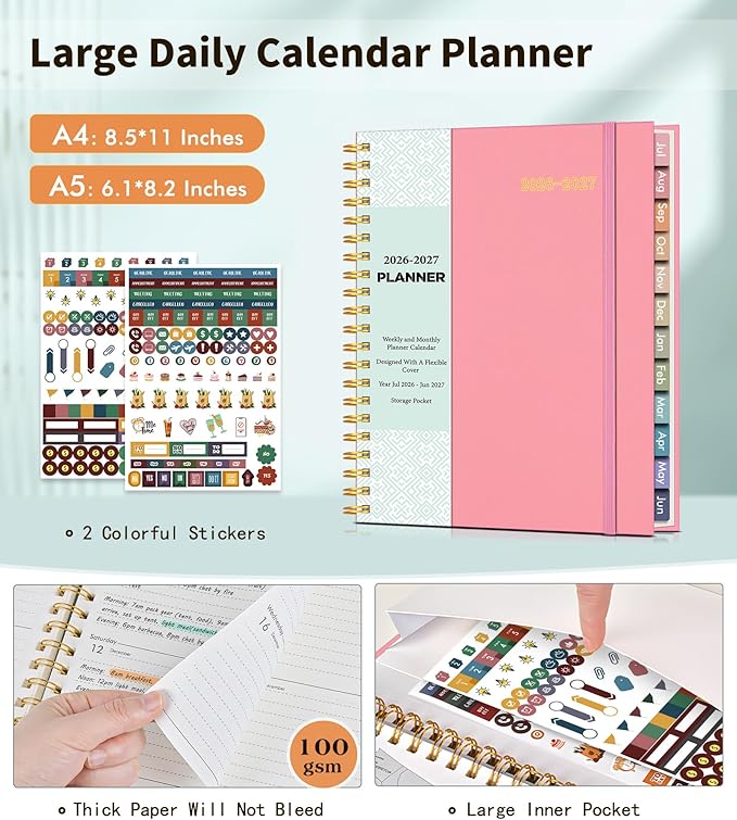 Academic Planner 2026-2027, Weekly and Monthly Calendar Planner from July 2026 - June 2027, 6.1" x 8.2" A5 Large Daily Agenda Book with Tabs, Flexible Cover, College School Organizer for Student Teacher,Pink