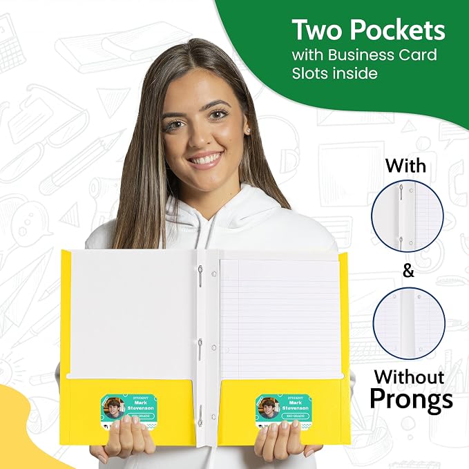 100 Pack Assorted Colors 2 Pocket Paper Folders. EPI Heavy Duty, Bulk Folders with Pockets, Prongs and Business Card Slots. Letter Size Document Organizers. Durable Portfolio for School, Office Files