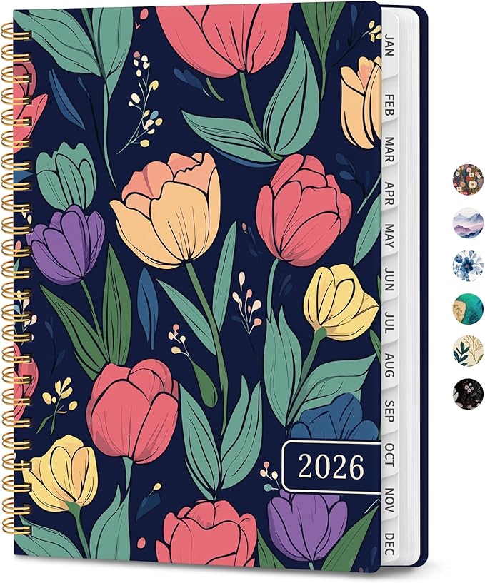 2026 Planner, Weekly and Monthly Planner for Women, January 2026 - December 2026, Hardcover 2026 Calendar Planner Book with Tabs, Inner Pocket, Spiral Bound, Perfect for Office Home School Supplies - A5 (6.3" x 8.5"), Colorful Tulips