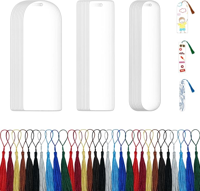 30PCS Acrylic Bookmark Blanks with Colorful Tassels – Clear Acrylic Bookmarks for DIY Crafts, Custom Painting & Vinyl Projects, Transparent Rectangle & Round Bookmark Blanks for Gift Tags (3 Shapes)