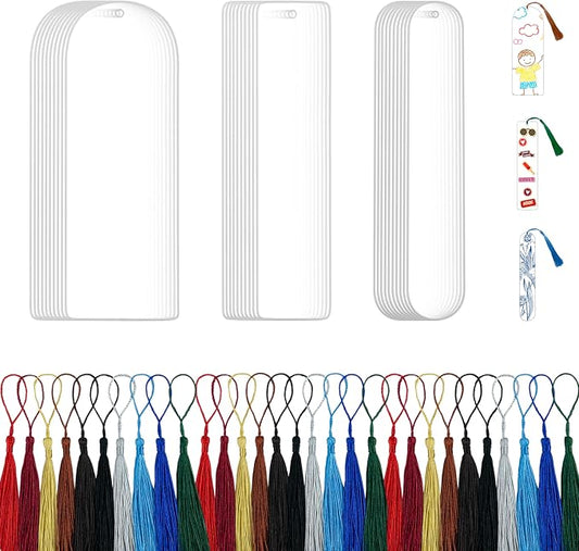 30PCS Acrylic Bookmark Blanks with Colorful Tassels – Clear Acrylic Bookmarks for DIY Crafts, Custom Painting & Vinyl Projects, Transparent Rectangle & Round Bookmark Blanks for Gift Tags (3 Shapes)