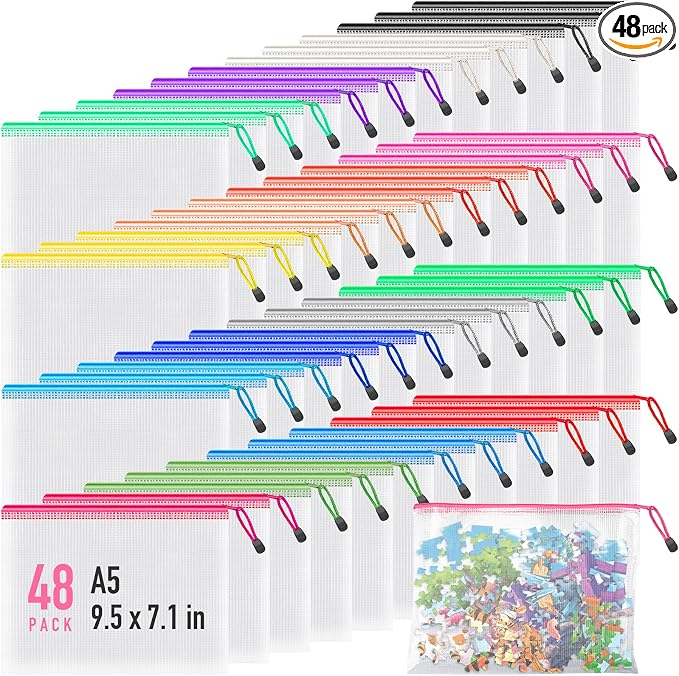 Umriox 48pcs Small Zipper Pouch, Mesh Bags with Zipper, 9.5" x 7.1"/A5 Size 16 Color Pencil Pouches, Storage Bags for Puzzles, Office and Travel Supplies