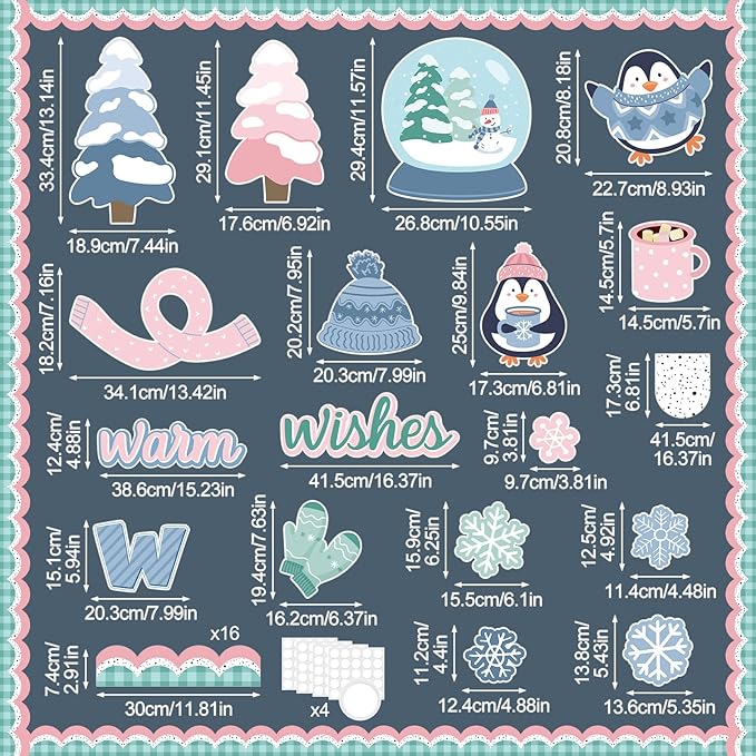 Winter Wonderland Bulletin Board Set Warm Winter Wishes Snow Globe Classroom Decorations Snowflakes Penguins Mittens Hats Trees Paper Cutouts for Office Home Library Wall Holiday Display