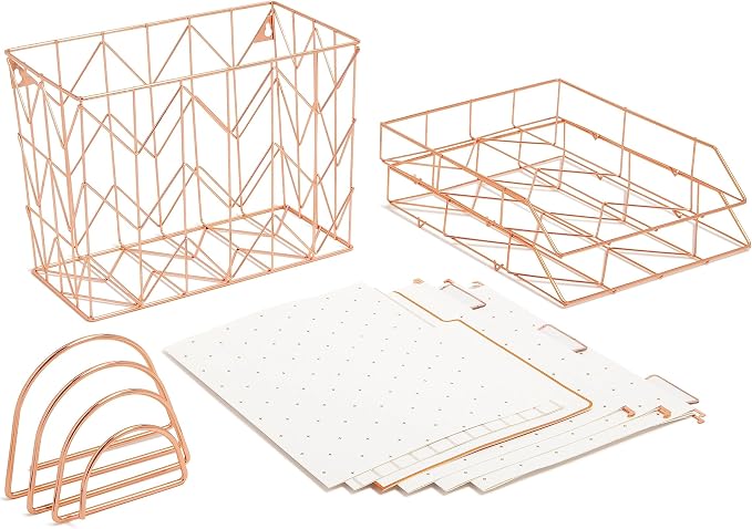 U Brands Desktop Fashion Filing Set, Desktop Organizer, Rose Gold Wire Metal, 10 Piece Office Gift Set (2104U00-01)
