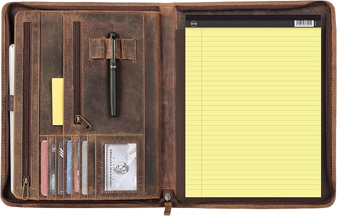 KomalC Leather Portfolio with Zipper Closure | Business Padfolio for Documents, Tablets & Accessories | Vintage Full-Grain Leather Organizer for Professionals