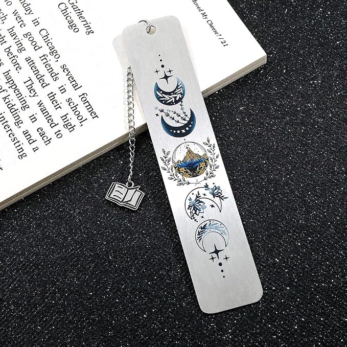 Stainless Steel Acotar Bookmark with Tassel, Acotar Inspirational Creative Moon Mountains Text Book Marks for Reading Women Men Collection, Books Accessories (Silver 1 Side Style 1)