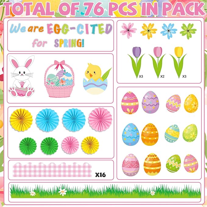 Easter Spring Bulletin Board Decorations Set Easter Bunny Egg Classroom Decorations with 3D Paper Fans We are Egg Cited for Spring Floral Peeps Cutouts for School Church Office Chalkboard Wall Decor