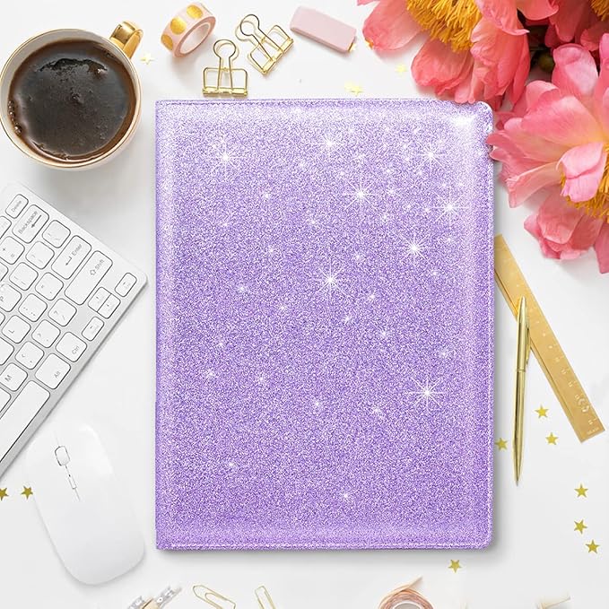 Padfolio/Resume Portfolio Folder for Women,WAVEYU Cute Pink Padfolio Cover Folder, Conference/Legal Document Organizer with Letter/A4 Size Clipboard, Document Sleeve,Glitter Purple