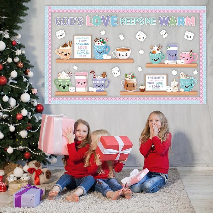 Religious Winter Bulletin Board Set God's Love Keeps Me Warm Classroom Decorations Christian Coffee Hot Cocoa Marshmallow Paper Cutouts for Door Wall Church Home Winter Holiday Supplies