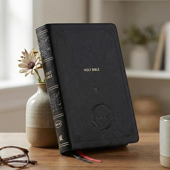 Personalized NKJV Reference Bible, Custom Name Text & Design, New King James Version, Large Print, Red Letter, Cross References, Faux Leather Black, Baptism Confirmation Gift