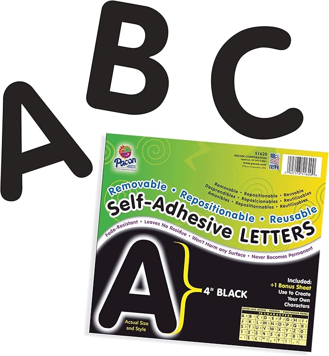 Pacon® PAC51620 Self-Adhesive Letters - Removable, Repositionable, Reusable, 4", Black, 78 Pieces