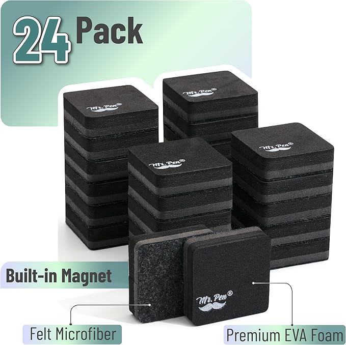 Mr. Pen- Mini Magnetic Dry Erase Erasers, 2" x 2", 24 Pack, Black Small Magnetic Whiteboard Dry Erase Erasers Bulk for Kids, Teachers, Students and Classroom Supplies