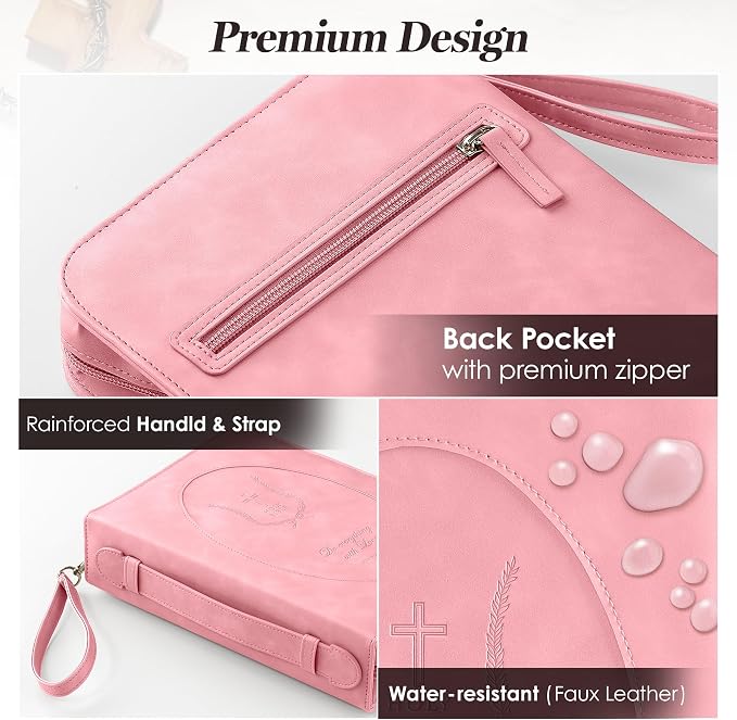 Leather Bible Cover for Women – Large Zippered Case with Handle and Pockets, Floral Book Protector for Study or Church, Christian Gift for Girls and Women, Large Size Bibles (Pink)