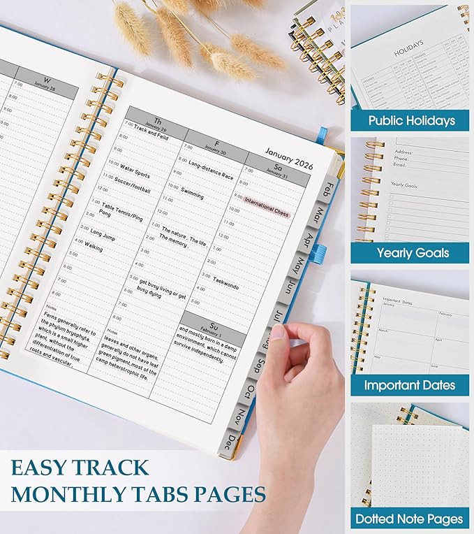 2026 Planner, Weekly and Monthly Calendar Planner from January 2026 - December 2026, 8.5" x 11" Hardcover Leather Hourly Appointment Book with Tabs, Spiral Daily Planners for College School Work Home, Sky Blue