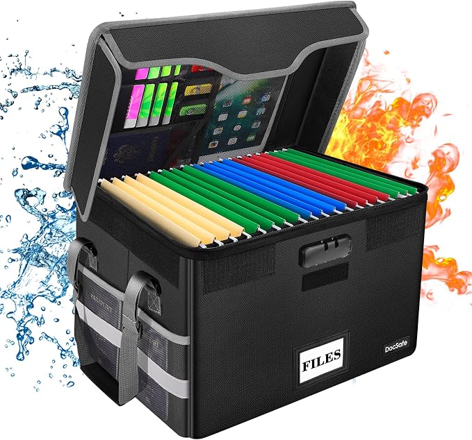 DocSafe Fireproof Document Box with Lock, File Storage Organizer with Mesh Pockets, Collapsible Portable File Box Home Office Safe Filing Cabinet with Handle for Hanging Letter/Legal Folder, Black