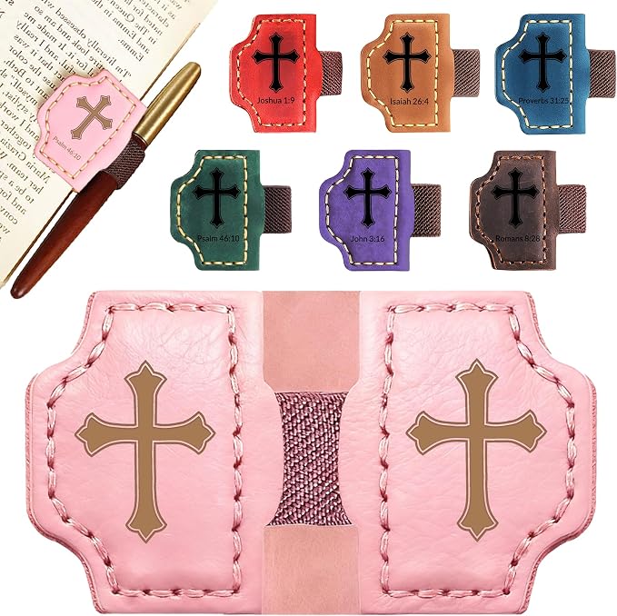 Personalized Leather Bookmark with Pen Holder - Magnetic Bible Verse Design, Christian Book Lovers Reading Accessory, for Book Lovers Men Women (Pink, Cross)