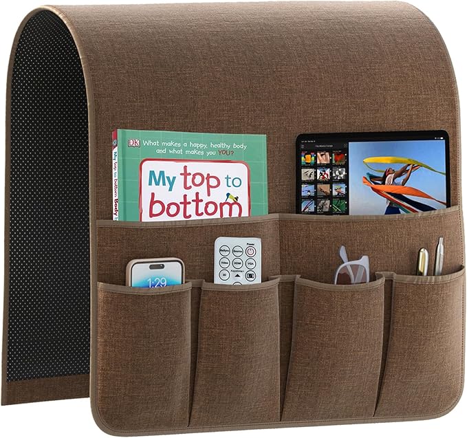 Armrest Organizer Non Slip Remote Control Holder Arm Chair Couch Caddy For Recliner Sofa Bedside With 6 Pocket Storage for Tablet Phone iPad (Coffee, W19 x L33)