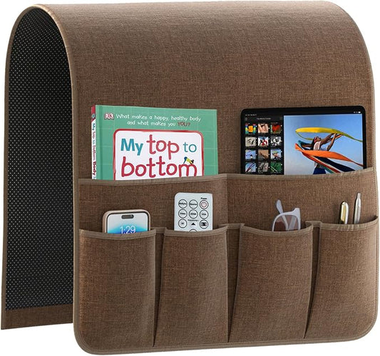 Armrest Organizer Non Slip Remote Control Holder Arm Chair Couch Caddy For Recliner Sofa Bedside With 6 Pocket Storage for Tablet Phone iPad (Coffee, W19 x L33)