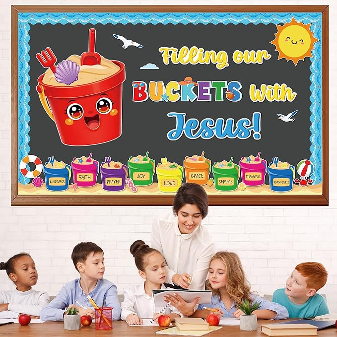 Summer Jesus Bulletin Board Decorations Set Summer Bucket Classroom Decor Filling Our Buckets with Jesus Sun Beach Christian Cutouts for School Classroom Home wall Chalkboard Supplies