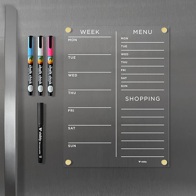 Magnetic Acrylic Meal Planner, Menu & Shopping List Board for Fridge, 9” x 12” Clear Refrigerator Organizer, Includes 4 Magnetic Wet-Erase Markers, Black Corner Magnets