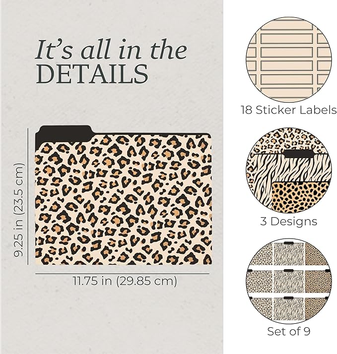 Steel Mill & Co Thick Sturdy File Folders Decorative, Set of 9 File Folders with Tabs and Sticker Labels, Cute Colored File Folders Letter Size, Leopard