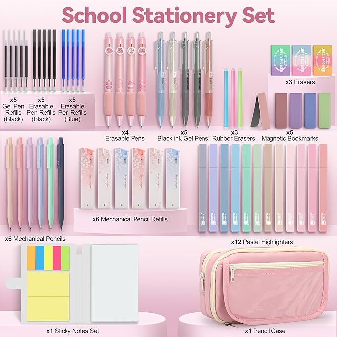 DazSpirit 61 PCS Aesthetic School Supplies with Cute Pencil Case, Pastel No Bleed Highlighters, Gel & Erasable Pens, Mechanical Pencils, Refills, Complete Essentials Stationery Kit for Students (Pink)