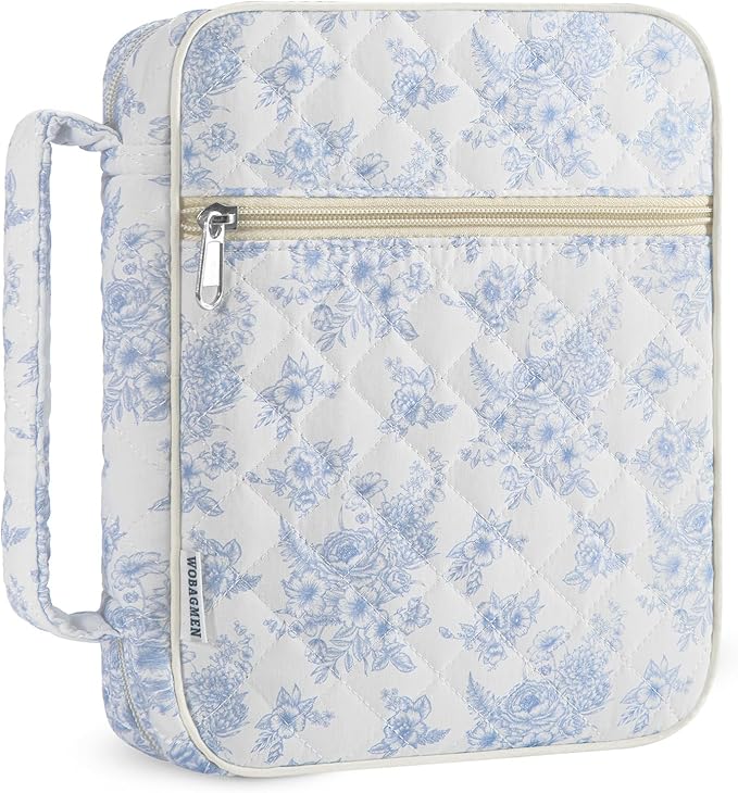 WOBAGMEN Bible Cover Case for Women,Large Bible Tote Bags Organizer Quilted Carrying Case for Girls,Bible Study Supplies Accessories Christian Gifts for Women (Elegant Blue Floral, M)