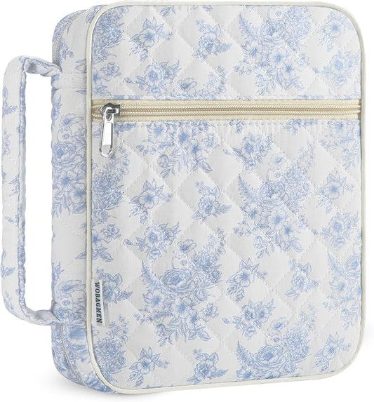 WOBAGMEN Bible Cover Case for Women,Large Bible Tote Bags Organizer Quilted Carrying Case for Girls,Bible Study Supplies Accessories Christian Gifts for Women (Elegant Blue Floral, M)