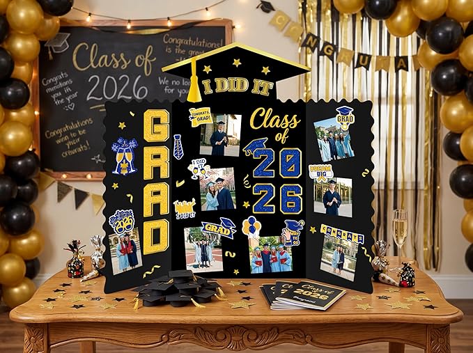 Moon Boat 5 Pack Graduation Decorations 2026 Trifold Poster Boards with Stickers Class of 2026 Grad Party Picture Display Supplies(Black Gold)