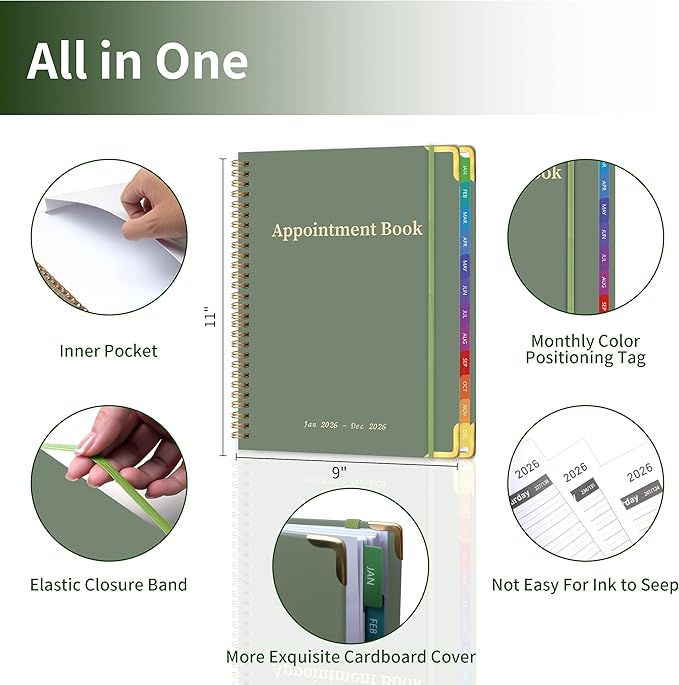 Appointment Book 2026 with Colorful Tabs ,Hardcover Weekly & Monthly Appointment Planner from Jan 2026-Dec 2026 ,Daily 7AM - 10 PM Hourly Schedule Planning for Salon,Client,12 Monthly Calendar 9" x 11", Green