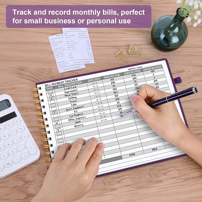 HAUTOCO Hardcover Bill Tracker Notebook Horizontal Monthly Bill Payment Organizer for Personal Budgeting Home Finance with 2 Storage Pocket Expense Checklist Tracking Planner 10.78 x 8'', Deep Purple