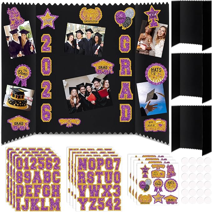 AmazingSpark 4 Sets Graduation Photo Display Board Trifold Poster Board with 12 Graduation Themed Stickers for 2026 Grad Party Decoration Picture Collage Frame Supplies (24 x 16,Purple Gold)