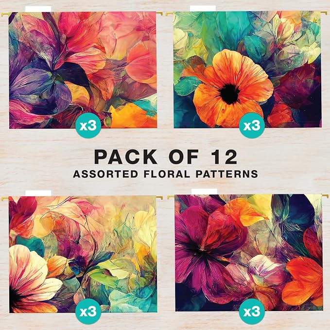 Global Printed Products Deluxe Designer Printed Hanging File Folders, 4 Patterns, Letter Size, 12/pk (Abstract Floral)