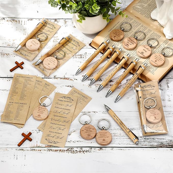 Lincia 20 Sets Christian Father's Day Birthday Gifts Bulk, Bible Verse Bookmarks Keychains with Bamboo Pens Religious Church Gifts Bulk for Men Ministry Bible Study Pastor Appreciation Church Events