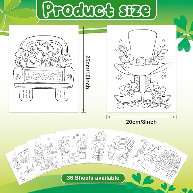 COCHIE 36PCS 8x10 Inches St. Patrick's Day Coloring Pages for Kids, Bulk Color Your Own Sanit Patricks Shamrock Paper Crafts Party Favors, Small Coloring Sheets Holiday Gifts