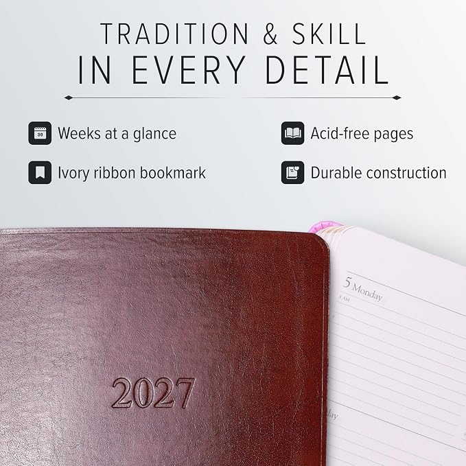 Gallery Leather Desk Hourly Weekly Monthly Planner 2027, Elegantly Bound Calendar Planner and Notebook with Stylish Gold-Gilded Page Edges, 12 Months - Acadia Lime - 8x5.5"