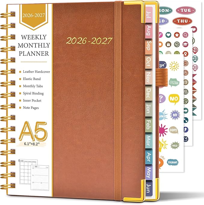 Academic Planner 2026-2027, Hardcover Leather Weekly and Monthly Calendar Planner from July 2026 - June 2027, A5 6.1" x 8.2" Daily Agenda with Tabs, College School Organizer for Student Teacher, Brown