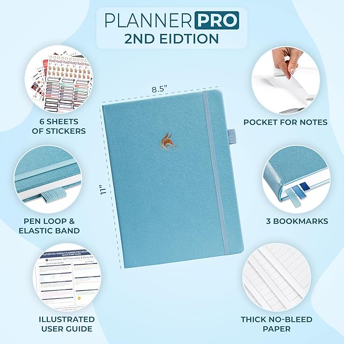 Clever Fox Planner PRO 2nd Edition – Undated Weekly Agenda Planner for Setting Goals, Tasks & Time Management – Life Organizer with To-do Lists & Habit Trackers – Large, 8.5x11″ (Aquamarine)