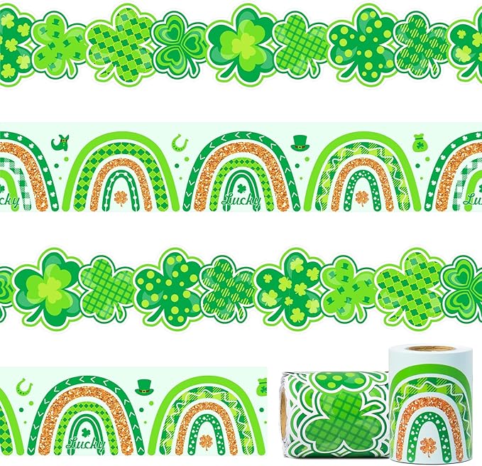 66ft 2 Rolls Shamrock Bulletin Board Borders Clover Boho Rainbow Theme Irish St. Patrick's Day Decorations Paper Border Trim for Classroom School Blackboard Office Chalkboard Themed Party Wall Decor